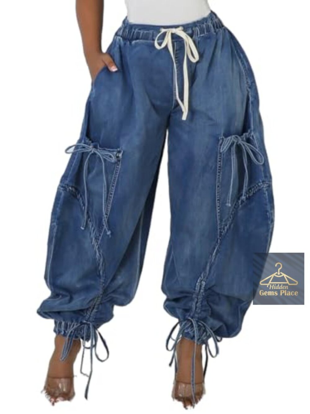 Baggy Cargo Jogger Jeans Drawstring Harem Denim Pants